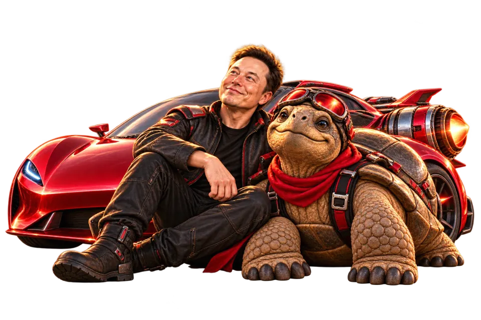 Fictional Elon and Jonathan together by a rocket Roadster